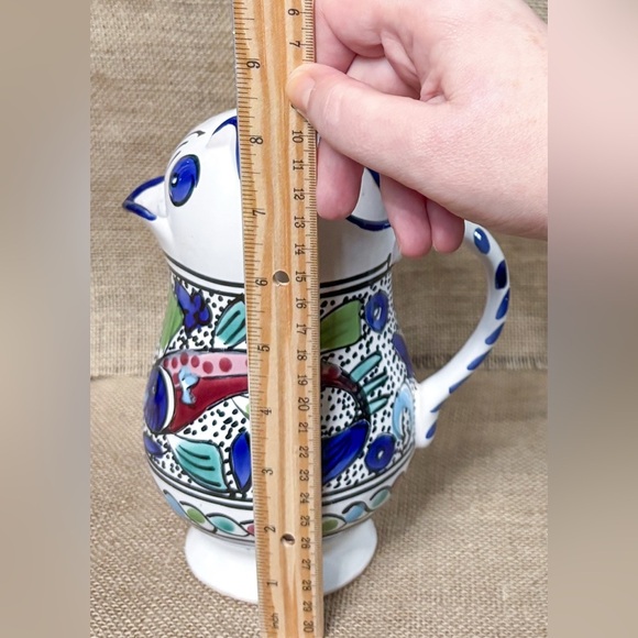 Cat Pitcher Vase Hand Painted Fish Art Pottery Kitsch Whimsical Coastal Grandma - Picture 3 of 8